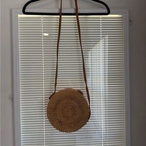 Round Woven Tan Crossbody Bag